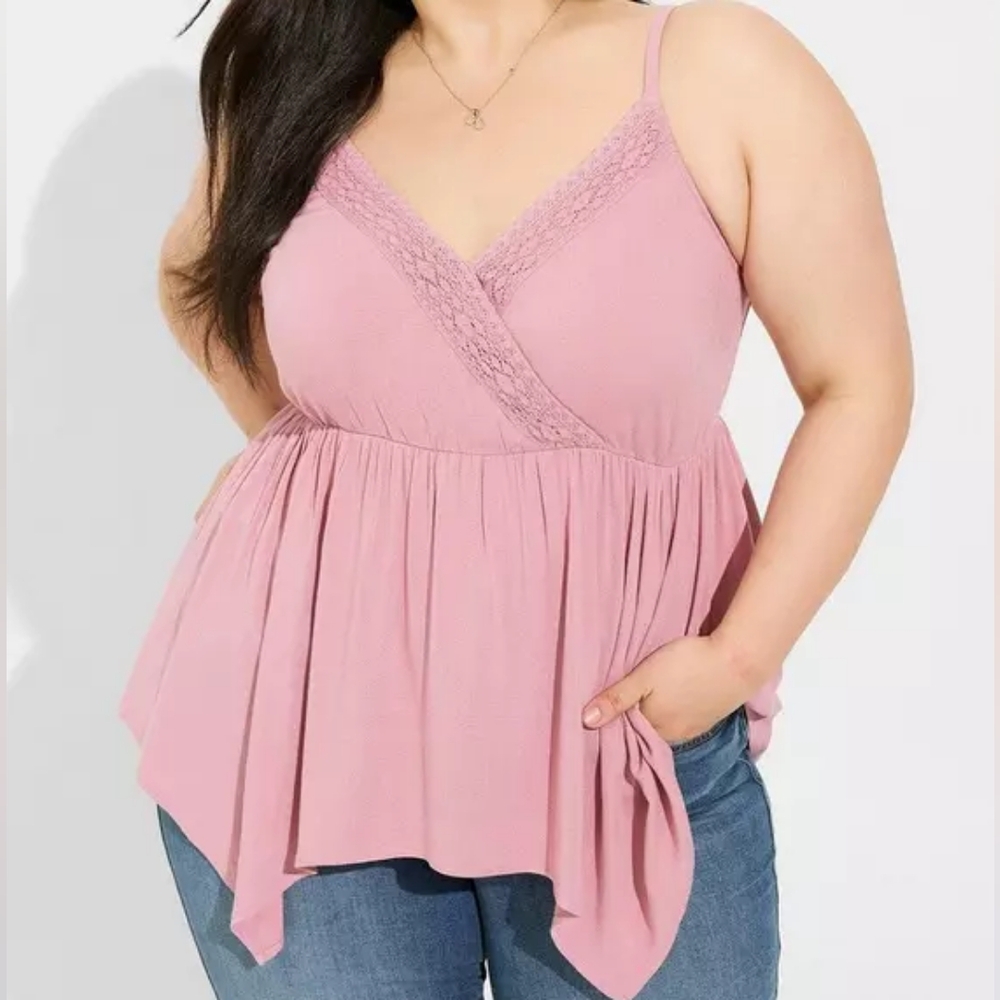 Torrid Pink Washable Gauze Lace Trim Hanky Hem Tank Top/Camisole Size 2X